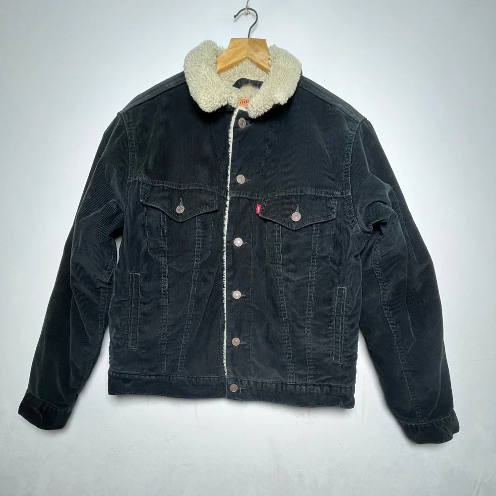 Levi’s Men’s Trucker Jacket/Coat Sherpa Lined Blk Corduroy Size S 70520 Vintage - Picture 2 of 7